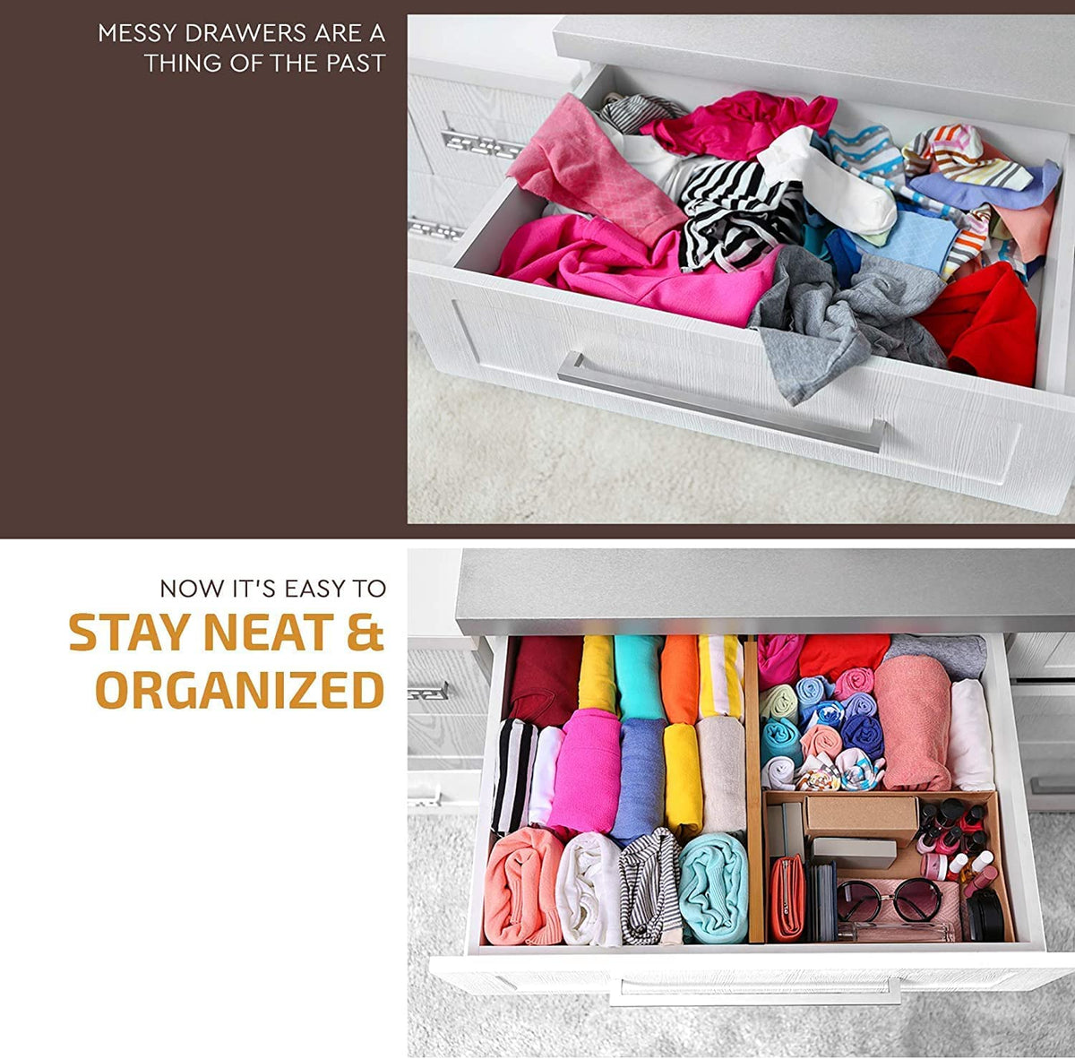 6-Pack Drawer Dividers 2.6-Inch High Dresser Drawer Organizer 16 to 22 Inch