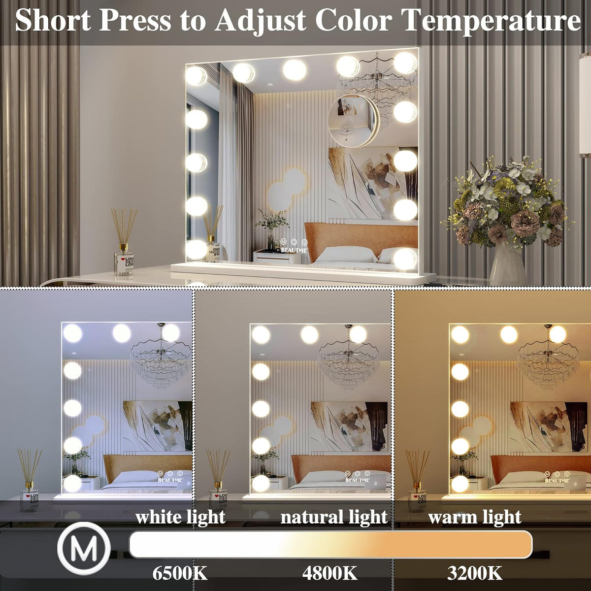 Vanity Mirror with Lights,Lighted Makeup Mirror with Lights and Magnification Mirror Tabletop Mirror or Wall Mounted Mirror (White)