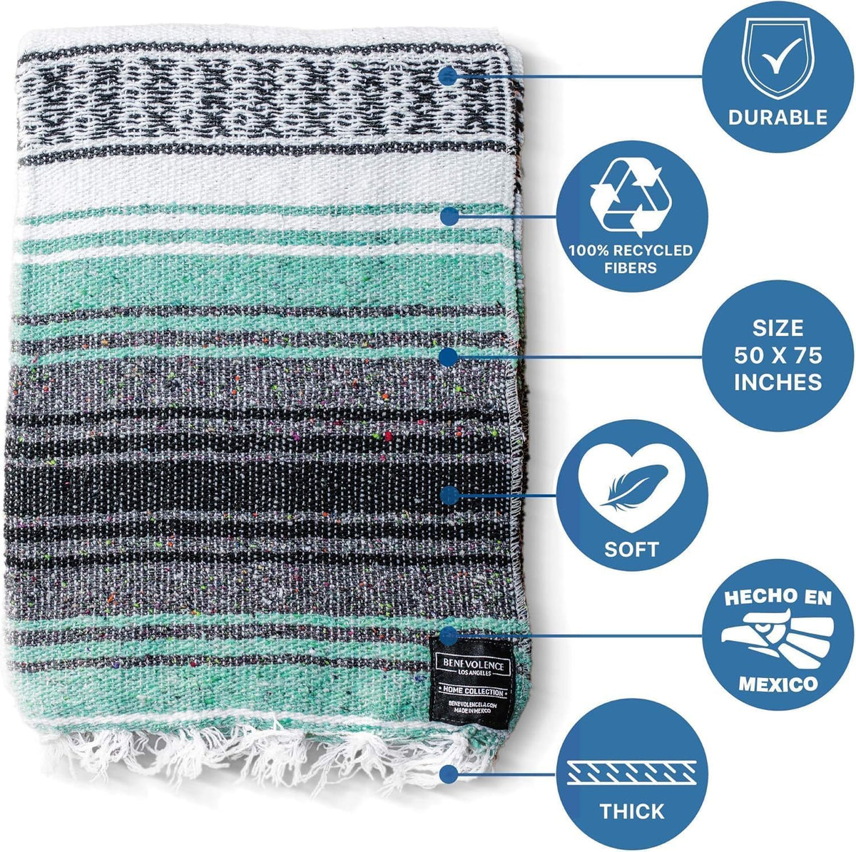 Authentic Handwoven Mexican Blanket | Yoga Blankets, Outdoor, Picnic, Beach, Camping | Equestrian Saddle | Serape 50X70 Inches - Mint, Pack of 1