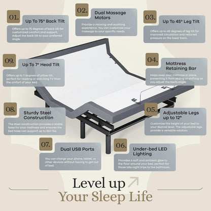 Sven & Son Harmony Adjustable Bed Base, Head and Foot Lift, Massage, Under-Bed Lights, USB, Gel Memory, Zero Gravity Smart Frame - Full + 10 Inch Memory Foam Matt (Firm)